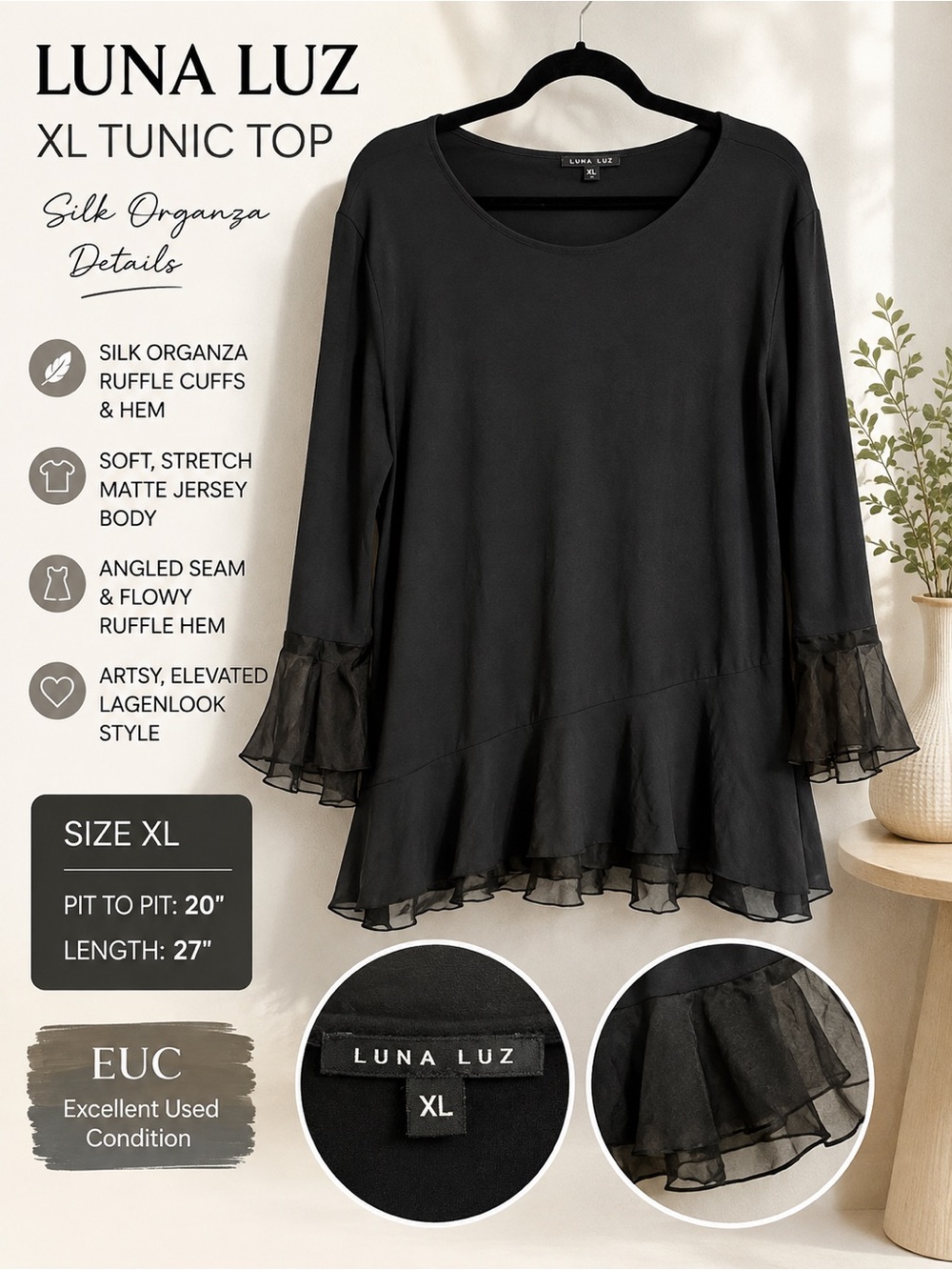 Luna Luz XL Black Silk Organza Ruffle Hem Bell Sleeve Tunic Top Lagenlook